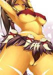  armpits arms_up breasts brown_hair covered_nipples dean fat_mons highres large_breasts leaf league_of_legends midriff navel nidalee no_panties partially_visible_vulva ponytail purple_eyes pussy solo tan tribal underboob 