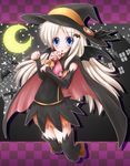  absurdres blonde_hair blue_eyes candy cape crescent crescent_moon food halloween hat highres licking little_busters! lollipop long_hair moon noumi_kudryavka shirotoshi solo thighhighs tongue witch_hat 