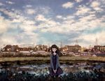  :o black_hair blush cityscape cloud dress house lights long_hair looking_away original pantyhose power_lines reflection scenery skirt sky solo standing telephone_pole v_arms water yuuko_(nora0x0) 