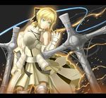  ahoge armor armored_dress artoria_pendragon_(all) bad_id bad_pixiv_id bare_shoulders blonde_hair bow cross detached_sleeves dress emcconerock428 fate/stay_night fate/unlimited_codes fate_(series) gauntlets glowing green_eyes hair_bow highres letterboxed light_particles ponytail saber saber_lily solo 