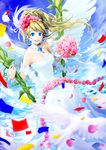  angel_wings bad_id bad_pixiv_id bare_shoulders bird blonde_hair blue_eyes choker cloud confetti day dove dress earrings flower hair_flower hair_ornament jewelry nanano_ayano necklace open_mouth original petals plant sky smile solo vines wedding wedding_dress wings 