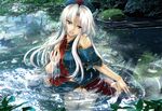  adapted_costume bare_shoulders blue_eyes dacho forest hat leaf long_hair midriff nature nurse_cap open_mouth rock shirt silver_hair skirt skirt_set solo touhou tree water yagokoro_eirin 