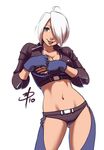  :p ahoge angel_(kof) blue_eyes breasts chaps cleavage cropped_jacket daniel_macgregor fingerless_gloves gloves hair_over_one_eye jacket large_breasts midriff naughty_face navel panties solo the_king_of_fighters tongue tongue_out underwear 