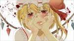  amefurirain blonde_hair blood blood_splatter flandre_scarlet hands_on_own_cheeks hands_on_own_face hat open_mouth parody red_eyes side_ponytail solo touhou wings yandere yandere_trance 