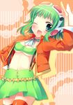  amamine bad_id bad_pixiv_id blush goggles goggles_on_head green_eyes green_hair gumi headphones jacket megpoid_(vocaloid3) one_eye_closed open_mouth short_hair skirt smile solo thighhighs vocaloid zettai_ryouiki 