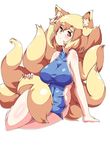  alternate_costume animal_ears arm_support bad_id bad_pixiv_id bare_shoulders blonde_hair blush bottomless breasts brown_eyes chinese_clothes covered_nipples fox_ears fox_tail large_breasts moisture_(chichi) multiple_tails naked_tabard no_bra short_hair simple_background solo tabard tail touhou white_background yakumo_ran 