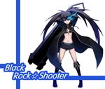  bikini_top black_hair black_rock_shooter black_rock_shooter_(character) blue_eyes blue_fire boots burning_eye fire flat_chest front-tie_top glowing gun highres kenneth_(qq) long_hair midriff navel scar shiny shiny_skin shorts solo trench_coat twintails weapon 