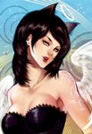  angel_wings animal_ears bare_shoulders black_hair breasts cat_ears cleavage collarbone dress earrings extra_ears grey_eyes halo jewelry lips lipstick makeup medium_breasts mole mole_under_mouth musical_note original slit_pupils solo strapless strapless_dress watermark wings yaichino 