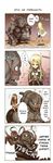  /\/\/\ 3girls 4koma blonde_hair blush brown_hair cape clare_(claymore) claymore comic dauf eye_contact from_above galatea heart long_hair long_image looking_at_another monster multiple_girls priscilla riful russian sitting standing sword tall_image tongue translated warrior weapon yoma 