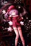  alternate_costume alternate_hairstyle bare_legs bare_shoulders bat_wings character_name colored_eyelashes dress flower hat lavender_hair no_nose red_eyes remilia_scarlet ribbon short_dress side_ponytail solo touhou typo wangchuan_de_quanyan water wings 