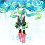  aqua_eyes aqua_hair bad_id bad_pixiv_id boots closed_umbrella detached_sleeves floating_hair hatsune_miku knee_boots long_hair miyake_achi necktie rubber_boots scarf skirt smile solo thighhighs twintails umbrella very_long_hair vocaloid 