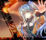  aqua_eyes aqua_hair detached_sleeves green_hair hair_ribbon hatsune_miku long_hair necktie outstretched_arms ribbon solo tasuku_(1v1l) thighhighs twintails very_long_hair vocaloid zettai_ryouiki 