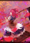  bad_id bad_pixiv_id dress hair_bobbles hair_ornament looking_at_viewer onozuka_komachi petals poetrywing red_eyes red_hair scythe solo touhou two_side_up 