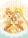 ;d blonde_hair boots bow brown_eyes brown_hair bubble_skirt choker circlet color_connection cure_muse_(yellow) cure_pine cure_sunshine fresh_precure! frills hair_ornament hair_ribbon heart heart_hair_ornament heartcatch_precure! knee_boots long_hair long_sleeves magical_girl midriff multiple_girls myoudouin_itsuki one_eye_closed open_mouth orange_bow orange_choker orange_skirt precure puffy_short_sleeves puffy_sleeves red_eyes ribbon shirabe_ako short_hair short_sleeves side_ponytail skirt smile striped striped_background suite_precure twintails vertical-striped_background vertical_stripes wrist_cuffs yamabuki_inori yellow yellow_background yellow_bow yellow_choker yellow_eyes yellow_skirt yukinabe_(pixiv944737) 