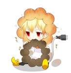  blonde_hair cable chibi cosplay doughnut earrings eating fang fate/zero fate_(series) food gilgamesh haine_(howling) jewelry lion male_focus mister_donut plug pon_de_lion pon_de_lion_(cosplay) pon_de_ring red_eyes sitting solo sparkle 