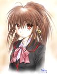  bow brown_hair dated highres kem_kem little_busters! long_hair natsume_rin pink_bow ponytail red_eyes school_uniform signature solo 