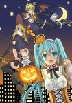 2girls :d aqua_eyes aqua_hair blonde_hair blue_eyes boots bow bowtie candy cat corset demon_tail demon_wings elbow_gloves flying food food_themed_hair_ornament frills gloves hair_ornament halloween hat hatsune_miku hinausa horns jack-o'-lantern kagamine_len kagamine_rin lollipop long_hair multiple_girls nail_polish open_mouth pumpkin pumpkin_hair_ornament skirt smile star swirl_lollipop tail thighhighs twintails very_long_hair vocaloid wings witch_hat 