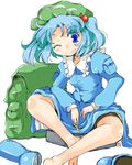  backpack bag barefoot blue_eyes blue_hair boots hair_bobbles hair_ornament hat indian_style kanoe_soushi kawashiro_nitori key one_eye_closed shoes_removed sitting skirt solo touhou two_side_up 