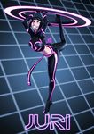  black_hair bodysuit chakram character_name daniel_macgregor disc_(tron) drill_hair glowing glowing_eye grin han_juri midriff neon_trim parody pun purple_eyes smile solo standing standing_on_one_leg street_fighter street_fighter_iv_(series) tron tron:_legacy twin_drills weapon 