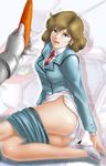  ass blue_eyes breasts carrot earrings full_body gundam gundam_0083 high_heels highres jewelry lipstick makeup necktie nina_purpleton panties shoes skirt skirt_pull small_breasts solo sweat toten_(der_fuhrer) underwear 