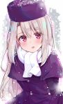  1girl :o absurdres arms_behind_back bangs blush buttons coat commentary_request eyebrows_visible_through_hair fate/stay_night fate_(series) hat head_tilt highres illyasviel_von_einzbern long_hair looking_at_viewer parted_lips purple_capelet purple_coat purple_hat red_eyes rouka_(akatyann) scarf sidelocks silver_hair snowing solo upper_body white_scarf winter 