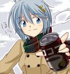  bad_id bad_pixiv_id blue_eyes blue_hair can coat double-breasted hair_ornament hairclip hot_chocolate jappo mahou_shoujo_madoka_magica miki_sayaka scarf short_hair smile solo translated 