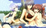  3girls :d arm_support ass back bare_shoulders bent_over bikini black_hair blue_hair blush body_blush breasts brown_bikini brown_eyes brown_hair bush chair cloud collarbone female fingernails hair_between_eyes hair_ornament hand_on_another's_back hand_on_back highres hug iwasaki_taisuke kawakami_kazuko kawakami_momoyo large_breasts lens_flare long_hair looking_at_viewer looking_back lounge_chair maji_de_watashi_ni_koi_shinasai! midriff multiple_girls navel official_art open_mouth outdoors partially_submerged ponytail pool purple_eyes red_eyes rubber_duck shiina_miyako smile striped striped_bikini striped_swimsuit sunlight swimsuit tree untied untied_bikini wallpaper water 