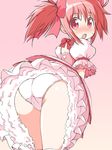  :o ass blush bow bubble_skirt commentary_request frills hair_bow kaname_madoka looking_at_viewer looking_back magical_girl mahou_shoujo_madoka_magica naitou_kouse open_mouth panties petticoat pink pink_background pink_eyes pink_hair pink_panties short_hair short_twintails skirt solo twintails underwear 