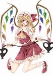  :d bad_id bad_pixiv_id blonde_hair bobby_socks flandre_scarlet highres kneeling kyouda_suzuka laevatein open_mouth short_sleeves simple_background skirt skirt_set smile socks solo touhou wings 