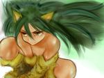  animal_ears cat_ears cham_cham chamcham green_eyes green_hair long_hair samurai_spirits serious simple_background snk tiger_print 