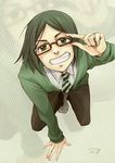  black_hair bob_cut fate/zero fate_(series) full_body glasses green_eyes kingfrogs male_focus necktie smile solo waver_velvet 