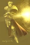  blonde_hair brown_background cape character_name earrings fate/stay_night fate_(series) gilgamesh gold highres jewelry male_focus rota_(bitmap1022) solo yellow 
