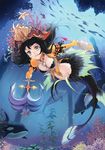  1girl black_hair breasts clam cleavage coral fish grey_eyes grin hat long_sleeves mace medium_breasts mermaid midriff monster_girl ocean orca original plant scepter smile solo starfish tail underwater water weapon 