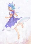  bad_id bad_pixiv_id barefoot blue_eyes blue_hair bow cirno dress hair_bow highres looking_back poetrywing short_hair solo touhou wings 