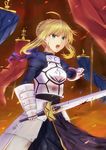  ahoge armor armored_dress artoria_pendragon_(all) blonde_hair blood blood_on_face dress excalibur fate/stay_night fate_(series) faulds gauntlets green_eyes hair_ribbon kirise md5_mismatch ribbon saber solo sword weapon 
