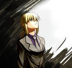  ahoge androgynous artoria_pendragon_(all) bad_id bad_pixiv_id blonde_hair fate/zero fate_(series) formal green_eyes highres kenneth_(qq) looking_up necktie ponytail reverse_trap saber solo suit 
