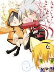  2boys angry animal animal_ears arc_system_works blazblue blazblue:_calamity_trigger blonde_hair cat cat_ears chibi cross green_eyes jin_kisaragi jubei_(blazblue) kisaragi_jin multiple_boys multiple_tails open_mouth ragna_the_bloodedge simple_background smile tail white_hair 
