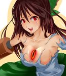  arm_cannon armpits bow breasts brown_hair cleavage hair_bow large_breasts long_hair no_wings open_mouth red_eyes reiuji_utsuho shirt skirt smile solo third_eye torn_clothes torn_shirt touhou voisu weapon 