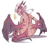  artist_request dragon_girl fire horns lowres monster_girl nude simple_background sitting solo tail white_hair wings yellow_eyes 