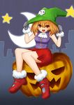  :d :o ascot blush brown_hair crescent_moon free=time gloves grey_legwear halloween hat highres jack-o'-lantern mary_janes moon night open_mouth original pleated_skirt pumpkin red_eyes shoes short_hair silhouette sitting skirt skull sleeveless smile solo star star_(sky) town witch_hat 
