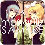  apple bad_id bad_pixiv_id bracelet food fruit hair_ornament hair_ribbon hairclip hatsune_miku holding holding_food holding_fruit jewelry kagamine_rin monaco_(rmn02) multiple_girls open_mouth ribbon sample syringe vocaloid 