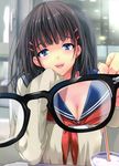  absurdres black_hair blue_eyes blush breasts cleavage eyewear_view fangs glasses hair_ornament hairclip highres long_hair looking_at_viewer open_mouth original pov refraction school_uniform serafuku small_breasts smile solo taira_tsukune 