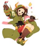  :d bad_id bad_pixiv_id belt blush boots bowl braid brown_hair child chopsticks cosplay gloves highres horns kaburagi_kaede open_mouth rice rice_bowl rock_bison rock_bison_(cosplay) short_hair smile solo star tiger_&amp;_bunny tongs umishima_senbon 