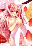  absurdres animal_ears areolae between_breasts blush breasts cameltoe food fox_ears fox_tail fruit hand_between_breasts highres large_breasts long_hair minigirl nipples one_eye_closed open_mouth original oversized_object panties pink pink_eyes pink_hair shiny shiny_skin side-tie_panties solo spoon strawberry striped striped_panties tail tateha_(marvelous_grace) thighhighs topless underwear white_legwear 