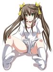  bottomless brown_hair green_eyes huang_lingyin infinite_stratos long_hair mister_(black_and_white) no_shoes shirt socks solo t-shirt twintails 