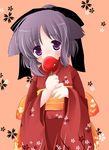  animal_ears black_hair blush candy_apple copyright_request dog_ears eating food hair_ribbon japanese_clothes kimono natsume_eri ponytail purple_eyes purple_hair ribbon solo 