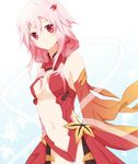 arms_behind_back bare_shoulders breasts center_opening cleavage detached_sleeves guilty_crown leotard long_hair mt_(rbhssl) navel pink_hair red_eyes red_leotard small_breasts solo thighhighs twintails yuzuriha_inori 
