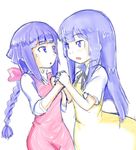  braid crossover dress gundam gundam_age holding_hands kin-san_(sasuraiga) long_hair look-alike multiple_girls ponytail purple_eyes purple_hair ribbon sketch working!! yamada_aoi yurin_leciel 