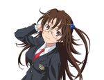  blazer brown_eyes brown_hair from_above glasses hair_bobbles hair_ornament jacket kazakiri_hyouka long_hair looking_at_viewer looking_up necktie one_side_up school_uniform simple_background smile smile_(rz) solo to_aru_majutsu_no_index 