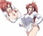  1boy 1girl blush bottomless breasts censored cleavage cum cup erect_nipples hand_on_hip hetero hips huge_breasts kloah mug open_mouth paizuri paizuri_under_clothes penis red_hair simple_background tengen_toppa_gurren_lagann yellow_eyes yoko_littner 